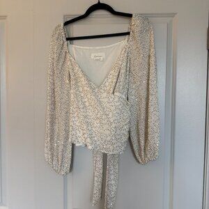 By Anthropologie White Sequin Wrap Tie Front Puff Sleeve Blouse Large